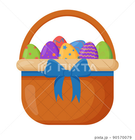 Wicker basket. Wicker basket with Easter eggs for Easter. Wooden accessory for storage or carrying Wicker basket. Wicker basket with Easter eggs for Easter. Wooden accessory for storage or carrying 90570079