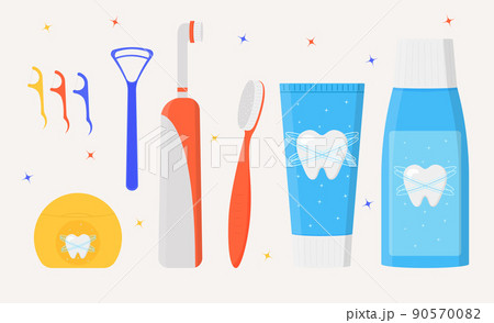 Set of mouth cleaning tools. Various toothbrushes, toothpaste, tongue brush, dental floss, mouthwash. Dental hygiene 90570082