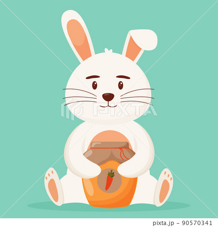 Cute rabbit with a jar of carrot jam. Flat vector illustration 90570341