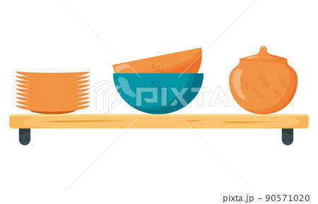 Set ceramic kitchenware. Cute handmade ceramic plates, mugs, sugar bowl, teapots, dishes. Kitchen tools, pottery. Flat vector illustration 90571020