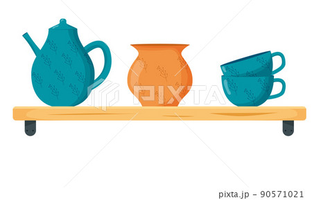 Set ceramic kitchenware. Cute handmade ceramic plates, mugs, sugar bowl, teapots, dishes. Kitchen tools, pottery. Flat vector illustration Set ceramic kitchenware. Cute handmade ceramic plates, mugs, sugar bowl, teapots, dishes. Kitchen tools, pottery. Flat vector illustration 90571021