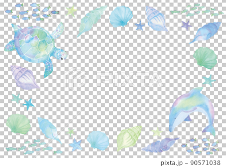 淡色海龜和海豚水彩框架 90571038