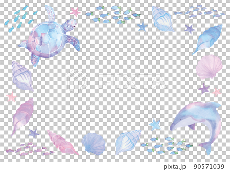 Watercolor frame of pastel sea turtles and dolphins 90571039