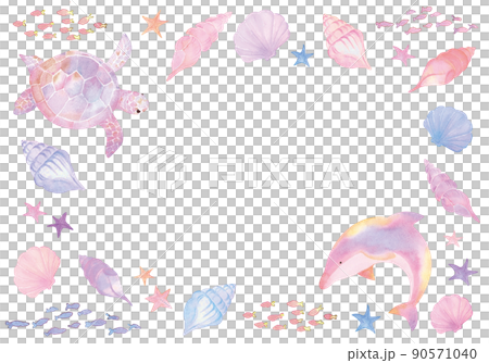 淡色海龜和海豚水彩框架 90571040