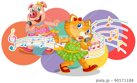 Singer cat and pig cartoon with music melody symbols Singer cat and pig cartoon with music melody symbols 90571188