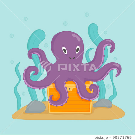 An octopus guards a chest of gold. Underwater world An octopus guards a chest of gold. Underwater world 90571769