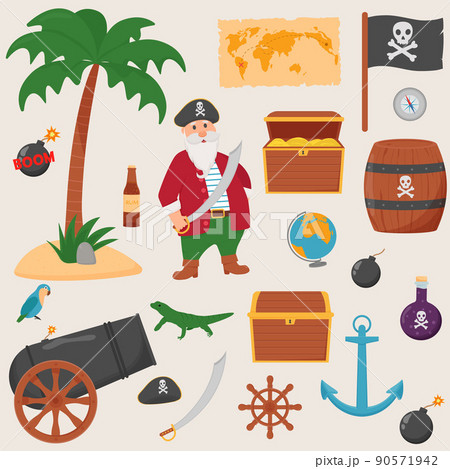 Bundle pirate set isolated on white background. Bundle pirate, treasure map, rum, ship wheel, anchor, barrel, bomb Bundle pirate set isolated on white background. Bundle pirate, treasure map, rum, ship wheel, anchor, barrel, bomb 90571942