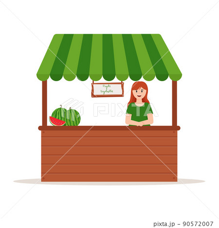 Stall Counters. Food market counter with fruits on shelves. Kiosk on white background 90572007