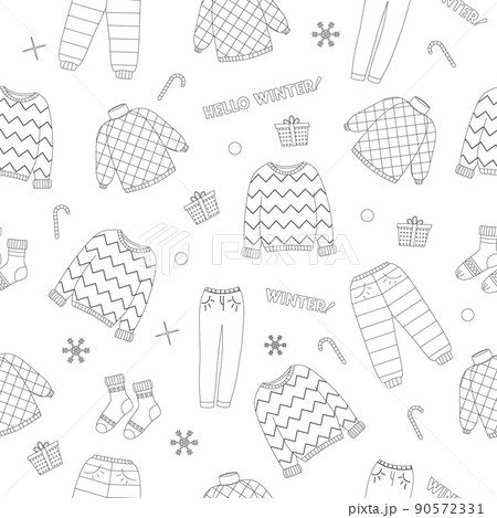 Beautiful winter clothing set, great design for any purposes. Flat vector illustration. Seamless pattern. Color book 90572331
