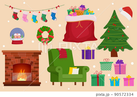 Christmas objects set. Holiday objects collection illustration: fireplace, sofa, santa bag, christmas socks, gift, christmas tree, santa hat. Christmas objects set. Holiday objects collection illustration: fireplace, sofa, santa bag, christmas socks, gift, christmas tree, santa hat. 90572334