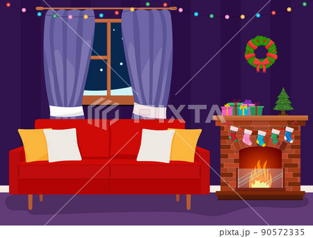 Christmas room interior. Christmas tree, gift, fireplace and decoration 90572335
