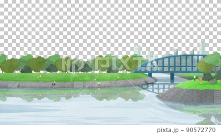 橋の架かる川沿いの風景手書き水彩風イラスト 90572770