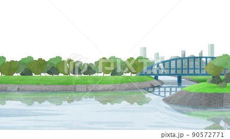 橋の架かる川沿いの風景手書き水彩風イラスト 90572771