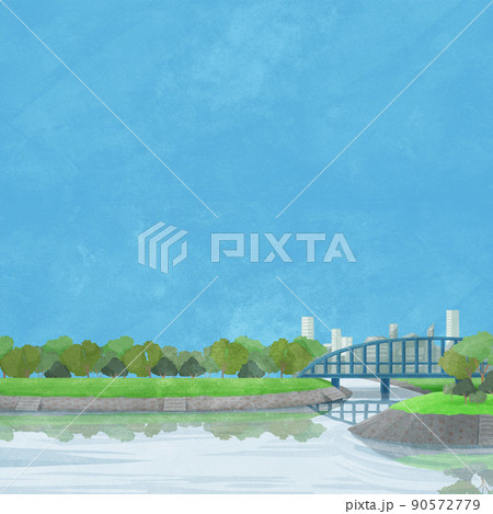橋の架かる川沿いの風景手書き水彩風イラスト 90572779