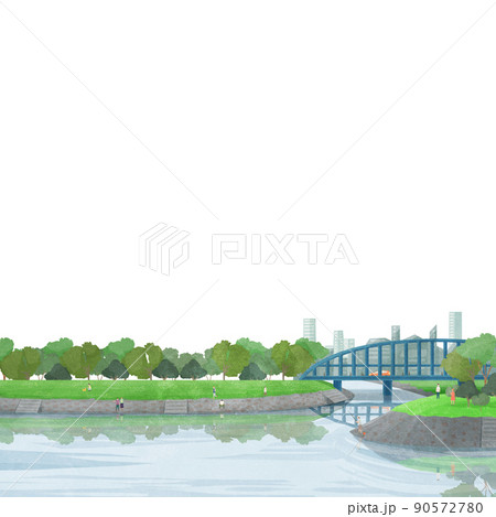 橋の架かる川沿いの風景手書き水彩風イラストのイラスト素材