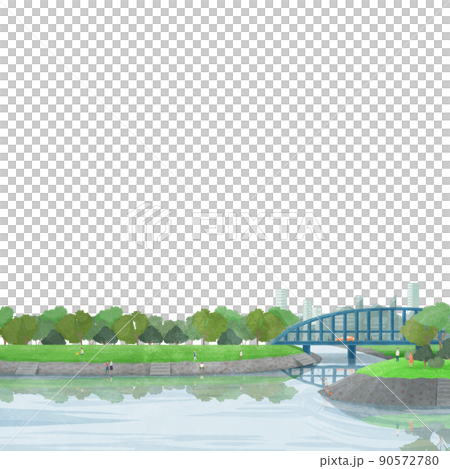 橋の架かる川沿いの風景手書き水彩風イラスト 90572780