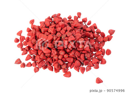 Annatto seeds, isolated on a white background. Achiote seeds, bixa orellana. Natural dye for cooking and food. Close-up. Top view. Annatto seeds, isolated on a white background. Achiote seeds, bixa orellana. Natural dye for cooking and food. Close-up. Top view. 90574996