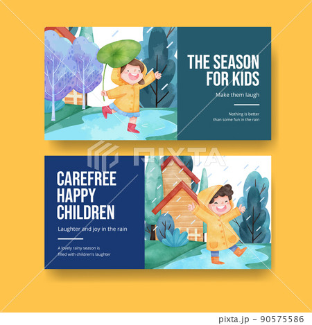 Twitter template with children rainy season concept,watercolor style 90575586