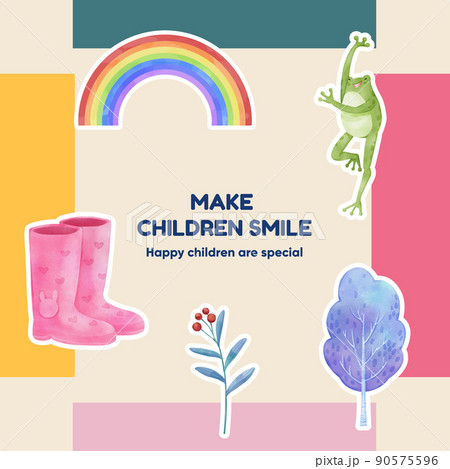 Sticker template with children rainy season concept,watercolor style Sticker template with children rainy season concept,watercolor style 90575596
