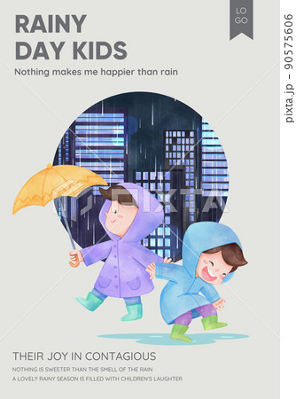 Poster template with children rainy season concept,watercolor style 90575606