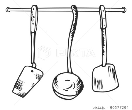 Cooking accessory sketch. Kitchen tool hanging on wall 90577294