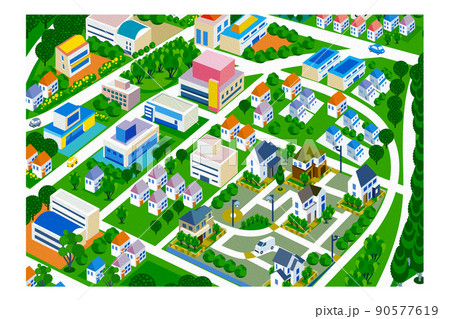 油彩風のエンボス。美しい街並みと暮らしの風景。人々が明るく暮らせる自然と住宅が溶け込む街づくり。 90577619