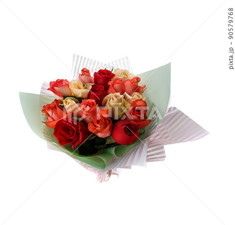 Bouquet of roses of different shades on a white background. 90579768