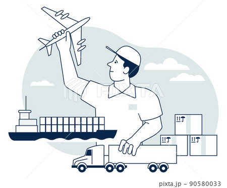Cargo transportation concept. Marine shipping with freight plane and trucks Cargo transportation concept. Marine shipping with freight plane and trucks 90580033