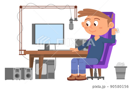 Kid recording podcast. Funny cartoon character sitting at computer desk 90580156