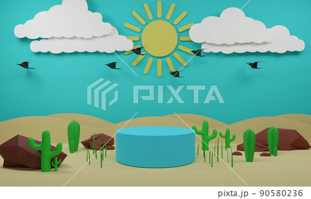 blue podium with sun and desert background.3d rendering. 90580236
