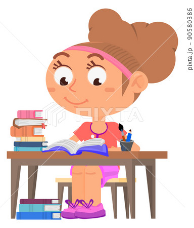 Kid studying. Girl sitting at desk with book stack 90580386