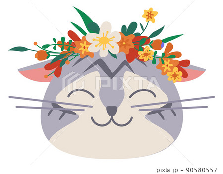 Happy cat in flower wreath. Cute pet portrait 90580557