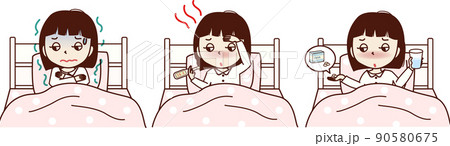 ベッドに入る、体調が悪い若い女性のセットイラスト。悪寒、発熱、薬を飲む。 90580675