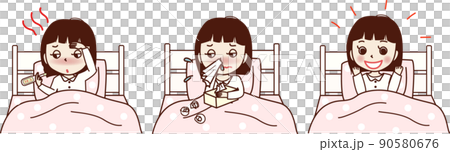 ベッドに入る、体調が悪い若い女性のセットイラスト。発熱、鼻水、回復。 90580676