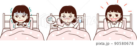 ベッドに入る、体調が悪い若い女性のセットイラスト。悪寒、薬を飲む、回復。 90580678