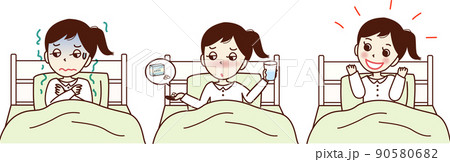ベッドに入る、体調が悪い若い女性のセットイラスト。悪寒、薬を飲む、回復。 90580682