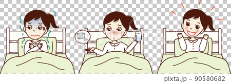 ベッドに入る、体調が悪い若い女性のセットイラスト。悪寒、薬を飲む、回復。 90580682