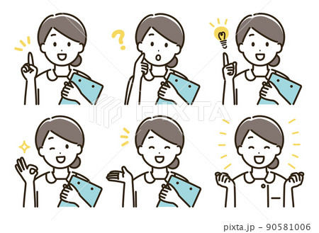 バインダーを持った看護師女性の表情バリエーションのイラストセット(肌色なしバージョン) バインダーを持った看護師女性の表情バリエーションのイラストセット(肌色なしバージョン) 90581006