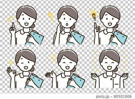 バインダーを持った看護師女性の表情バリエーションのイラストセット(肌色なしバージョン) バインダーを持った看護師女性の表情バリエーションのイラストセット(肌色なしバージョン) 90581006
