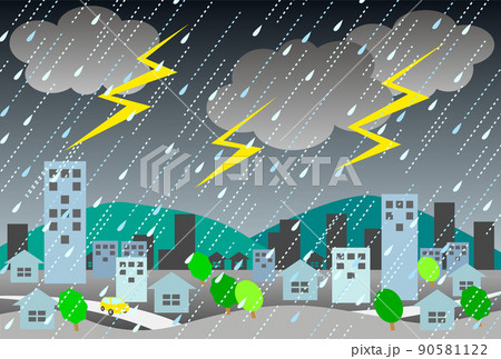 雷雨の街並みイラスト 雷雨の街並みイラスト 90581122
