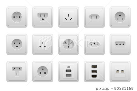 Realistic socket types. AC power wall socket mock up, USB hand drawnMI RG45 electric ports, European and American electricity sockets. Vector isolated set 90581169