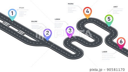 Isometric pathway infographic. Road map with checkpoints and milestones timeline graphic template, business option step process. Vector illustration 90581170