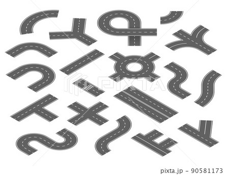 Isometric highway. 3D road parts and street blocks with road markings, straight corner curve junction and turn route elements. Vector isolated set Isometric highway. 3D road parts and street blocks with road markings, straight corner curve junction and turn route elements. Vector isolated set 90581173