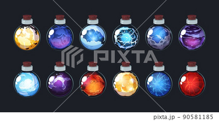 Game magic potion. Witchcraft mystery bottles with alchemy elixir, glass flask with poison and chemicals. Vector game interface asset, cartoon clipart sprite set 90581185