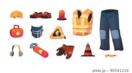 Safety equipment. Worker personal security clothes and tools, helmet glasses gloves mask, industry risky and danger job protection. Vector isolated set Safety equipment. Worker personal security clothes and tools, helmet glasses gloves mask, industry risky and danger job protection. Vector isolated set 90581216