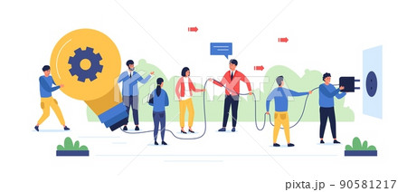 Light bulb idea concept. Cartoon characters searching ideas and turn on light bulb, group working together on problem solution. Vector isolated set 90581217