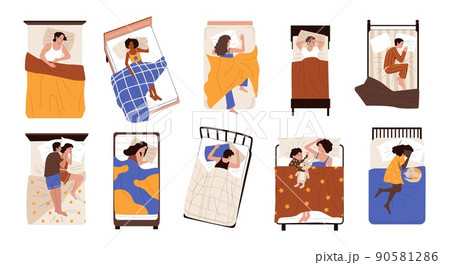 People under blanket. Cartoon characters sleeping in their bed in different poses, young adult and old persons lying dreaming and resting. Vector isolated set 90581286