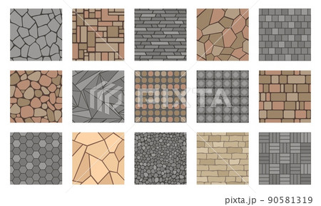 Pavement stones. Street cobblestone tile path, sidewalk and garden patio floor texture, outdoor concrete alley. Vector park road paving plan 90581319