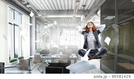 Beautiful businesswoman meditating . Mixed media Beautiful businesswoman meditating . Mixed media 90581429