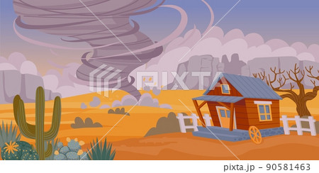 Tornado in desert. Cartoon sand storm natural disaster, desert landscape with old rustic house and air funnel. Vector background 90581463